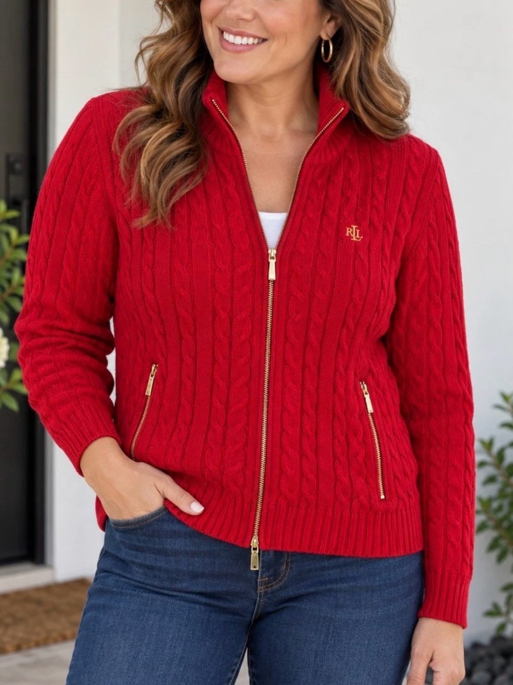 Ralph Lauren Red Cotton Cable-Knit Zip Cardigan with Gold Hardware